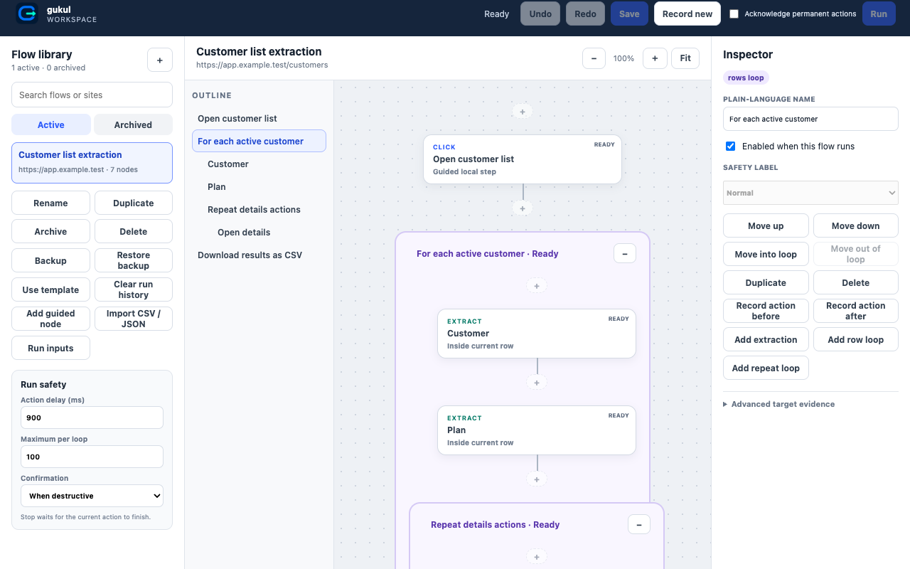 The gukul workflow canvas showing a structured browser automation flow
